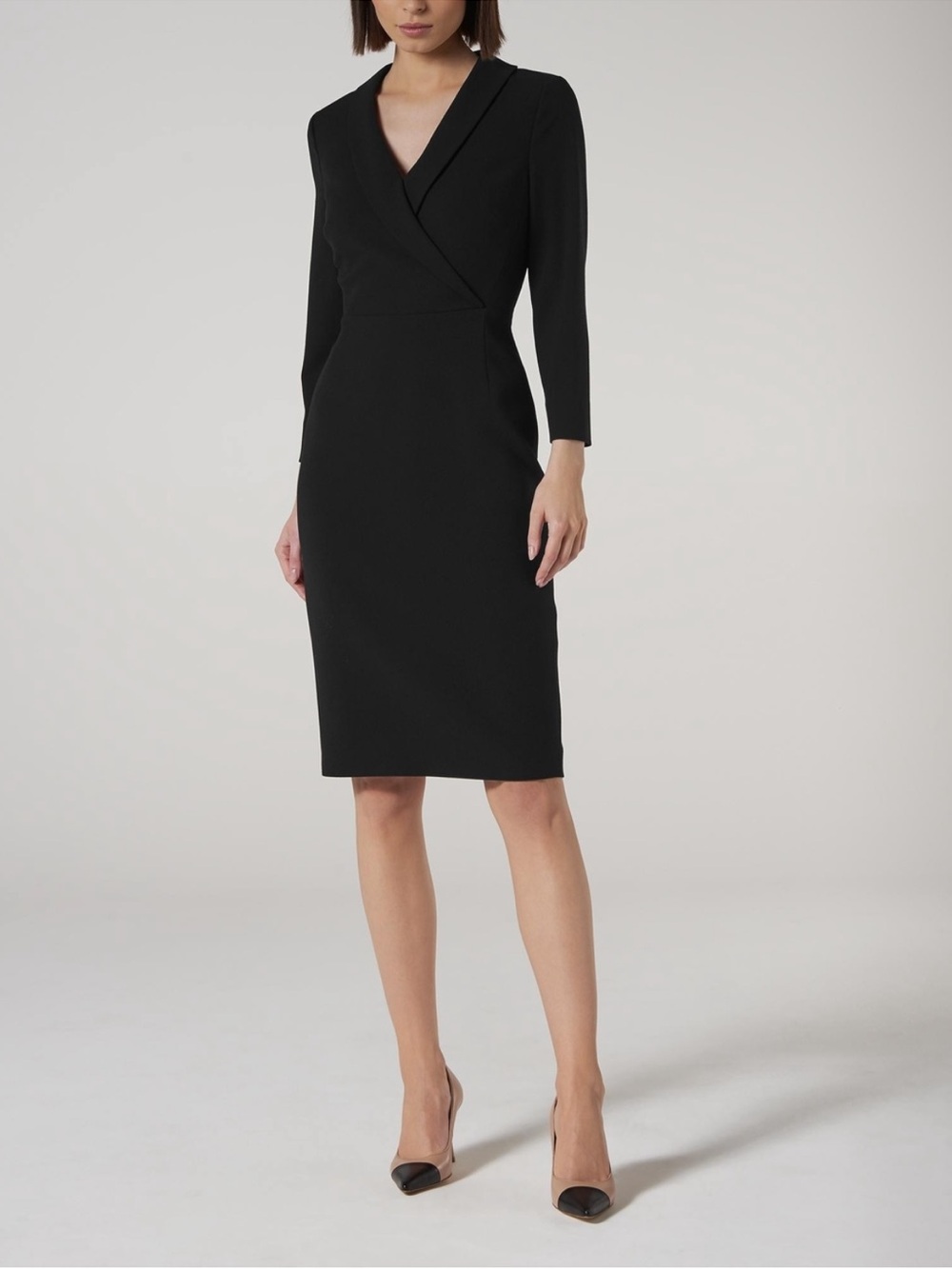 LK Bennett London Classic Black Long-Sleeve faux wrap Sheath Dress